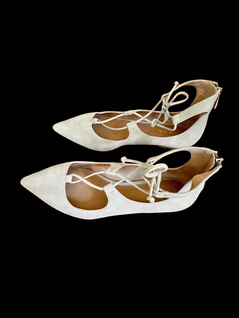 Tahari brand, Estyn style — Suede Lace-up Flats, Size 6M, Light Taupe